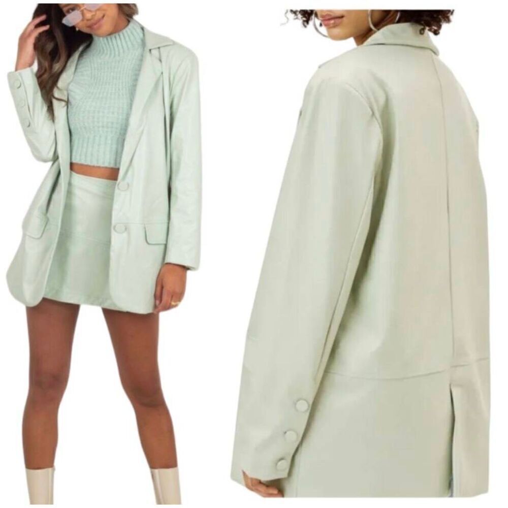 NWT For Love & Lemons Talia Boyfriend Blazer in Mint Green Soft Faux Leather Sz